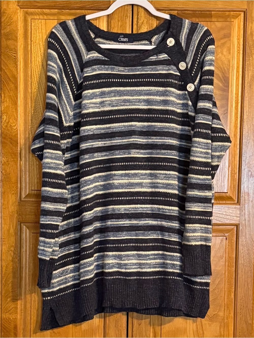Chaps Black Mixed Blue Striped Button-Shoulder Sweater 2X